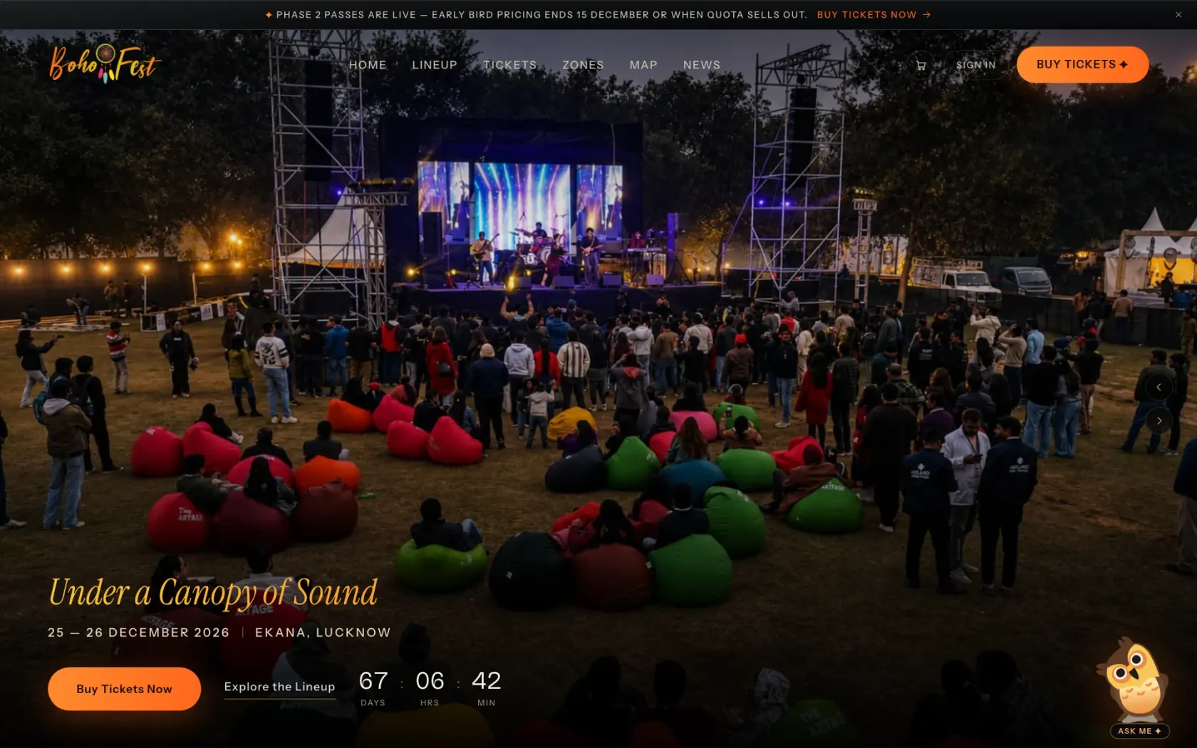 Homepage — hero film, countdown and live ticket ticker