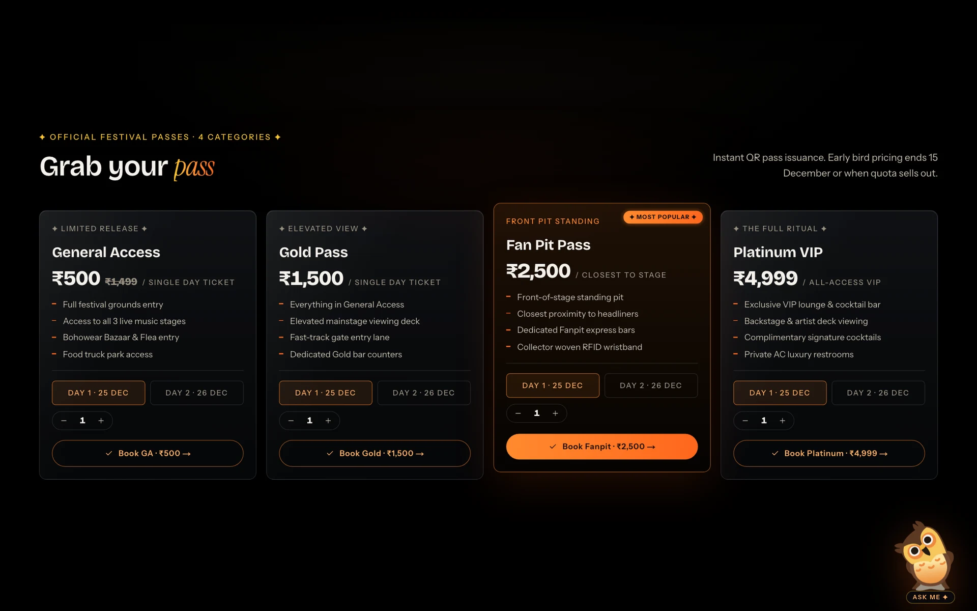 Passes & pricing — four tiers, instant QR issuance