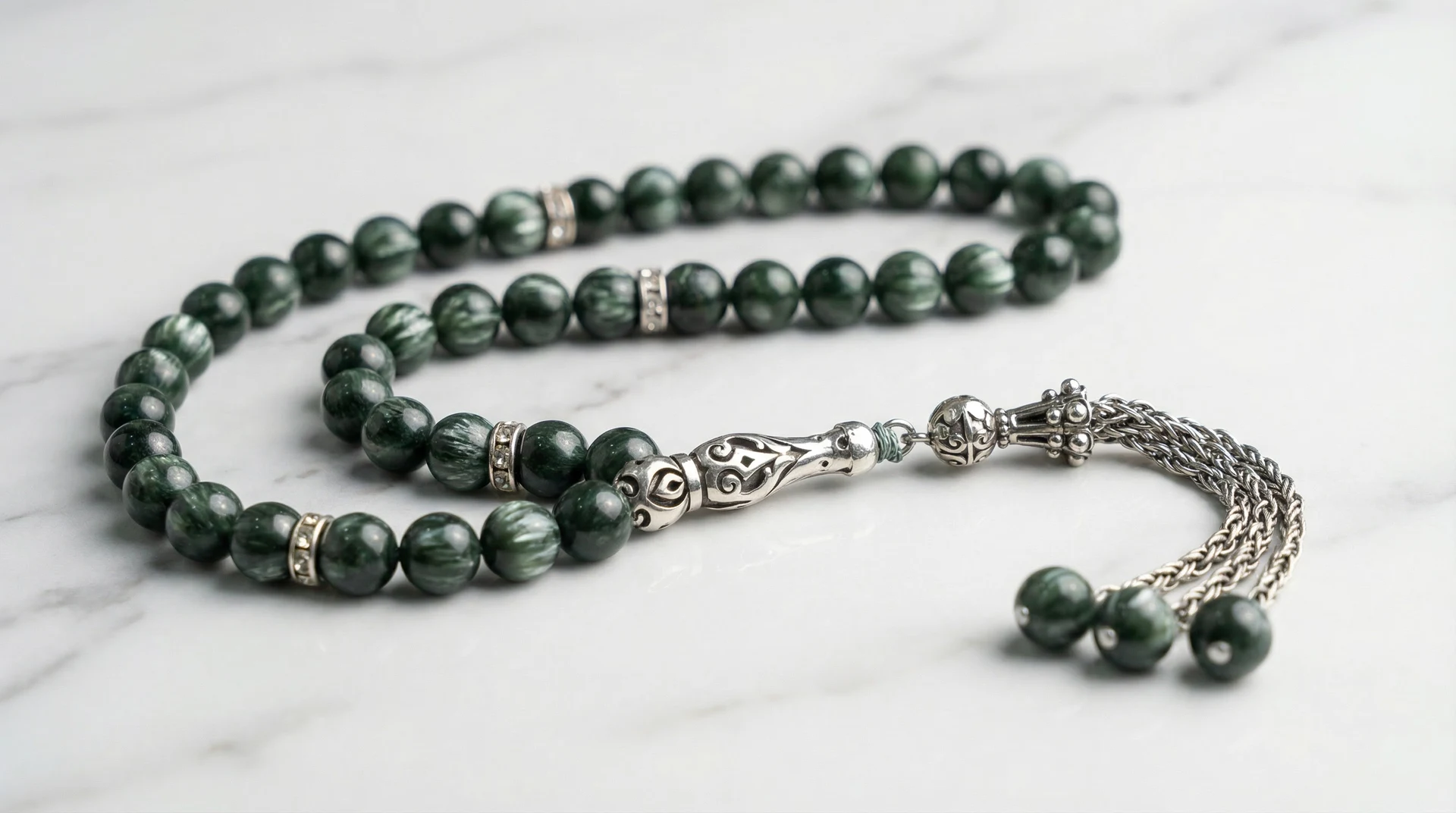 Hero flat lay — seraphinite masbaha