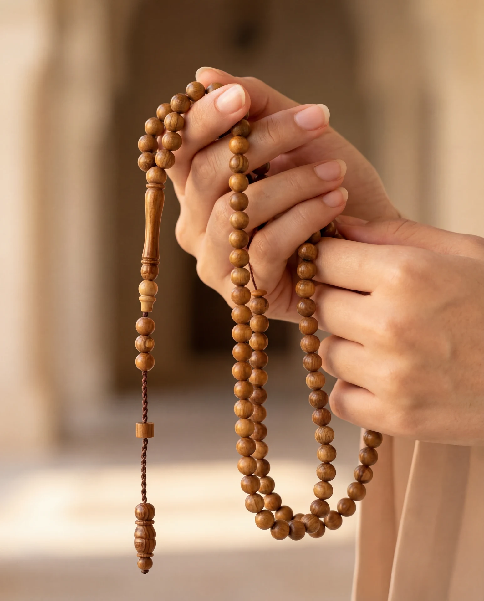 Wooden tasbih — in hands