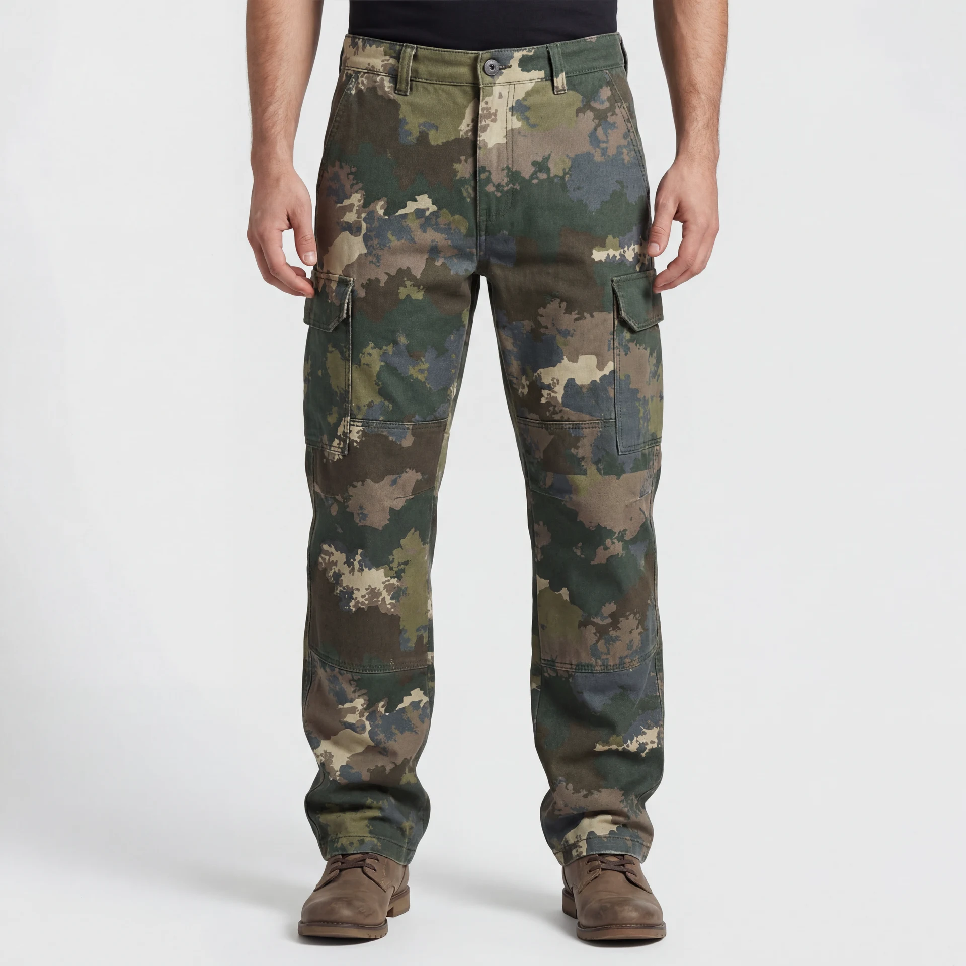Camo cargo trousers — worn